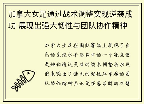 加拿大女足通过战术调整实现逆袭成功 展现出强大韧性与团队协作精神