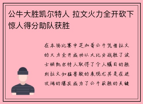 公牛大胜凯尔特人 拉文火力全开砍下惊人得分助队获胜