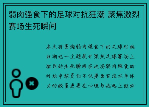 弱肉强食下的足球对抗狂潮 聚焦激烈赛场生死瞬间