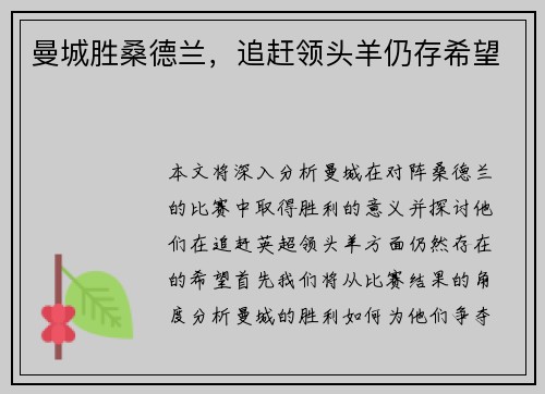 曼城胜桑德兰，追赶领头羊仍存希望