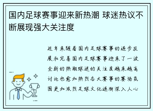 国内足球赛事迎来新热潮 球迷热议不断展现强大关注度