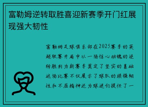 富勒姆逆转取胜喜迎新赛季开门红展现强大韧性 富勒姆逆转取胜喜迎新赛季开门红展现强大韧性